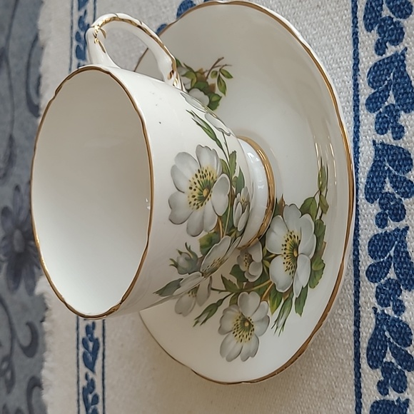 Delphine Other - Delphine Bone China Cup & Saucer, England. White Flowers/Green Leaves, Gold Trim